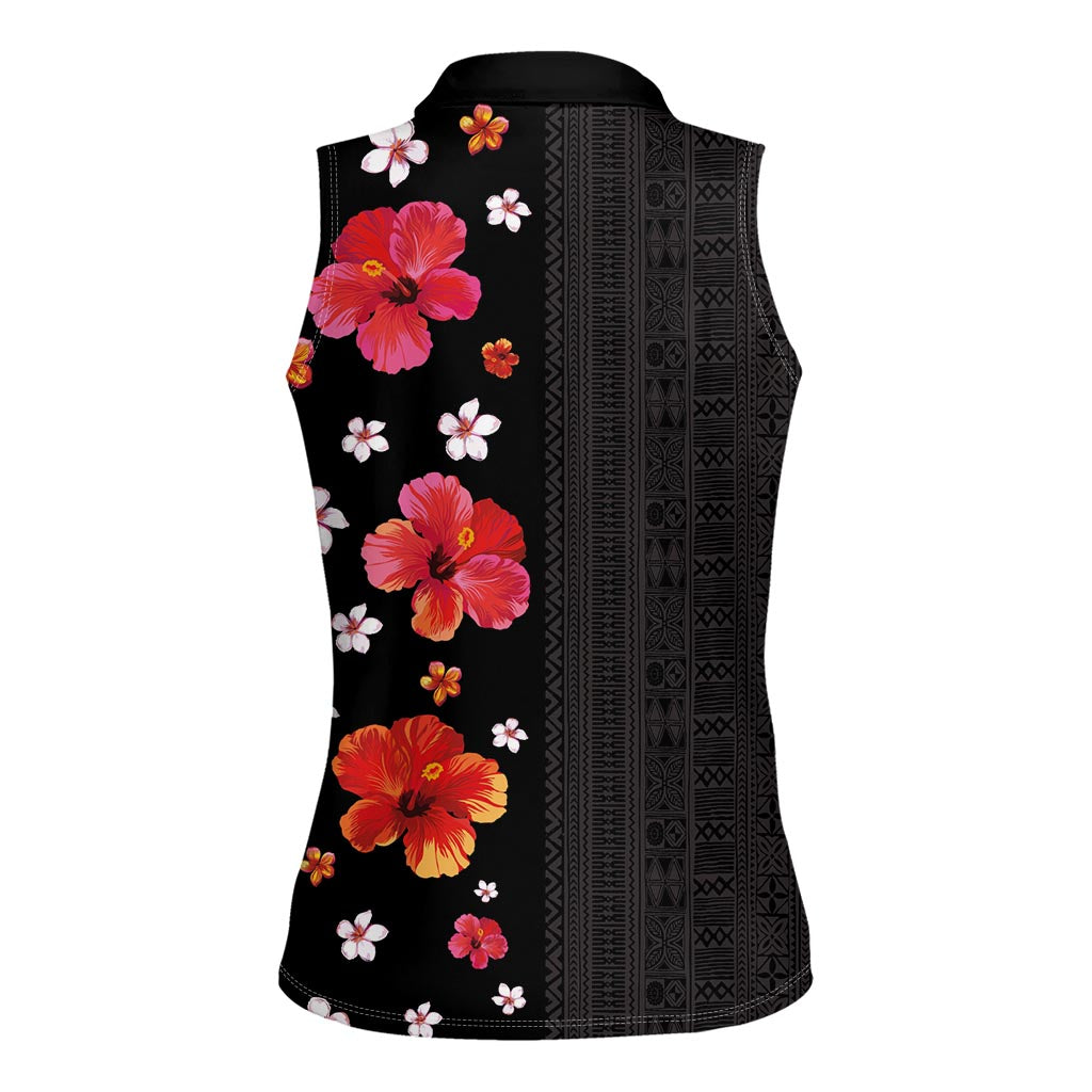 Hawaii Hibiscus and Plumeria Flowers Women Sleeveless Polo Shirt Tapa Tribal Pattern Half Style Colorful Mode