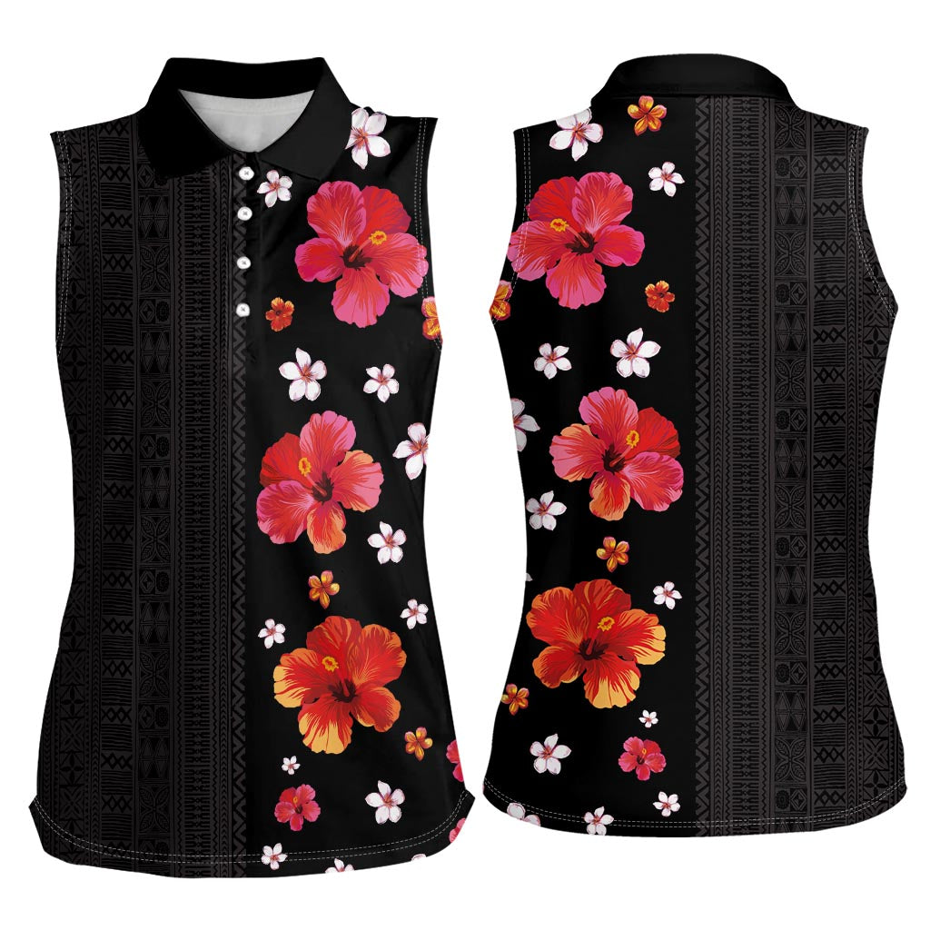 Hawaii Hibiscus and Plumeria Flowers Women Sleeveless Polo Shirt Tapa Tribal Pattern Half Style Colorful Mode