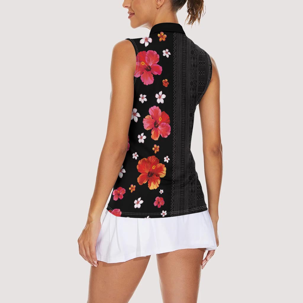Hawaii Hibiscus and Plumeria Flowers Women Sleeveless Polo Shirt Tapa Tribal Pattern Half Style Colorful Mode