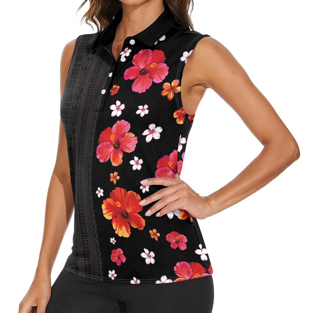 Hawaii Hibiscus and Plumeria Flowers Women Sleeveless Polo Shirt Tapa Tribal Pattern Half Style Colorful Mode