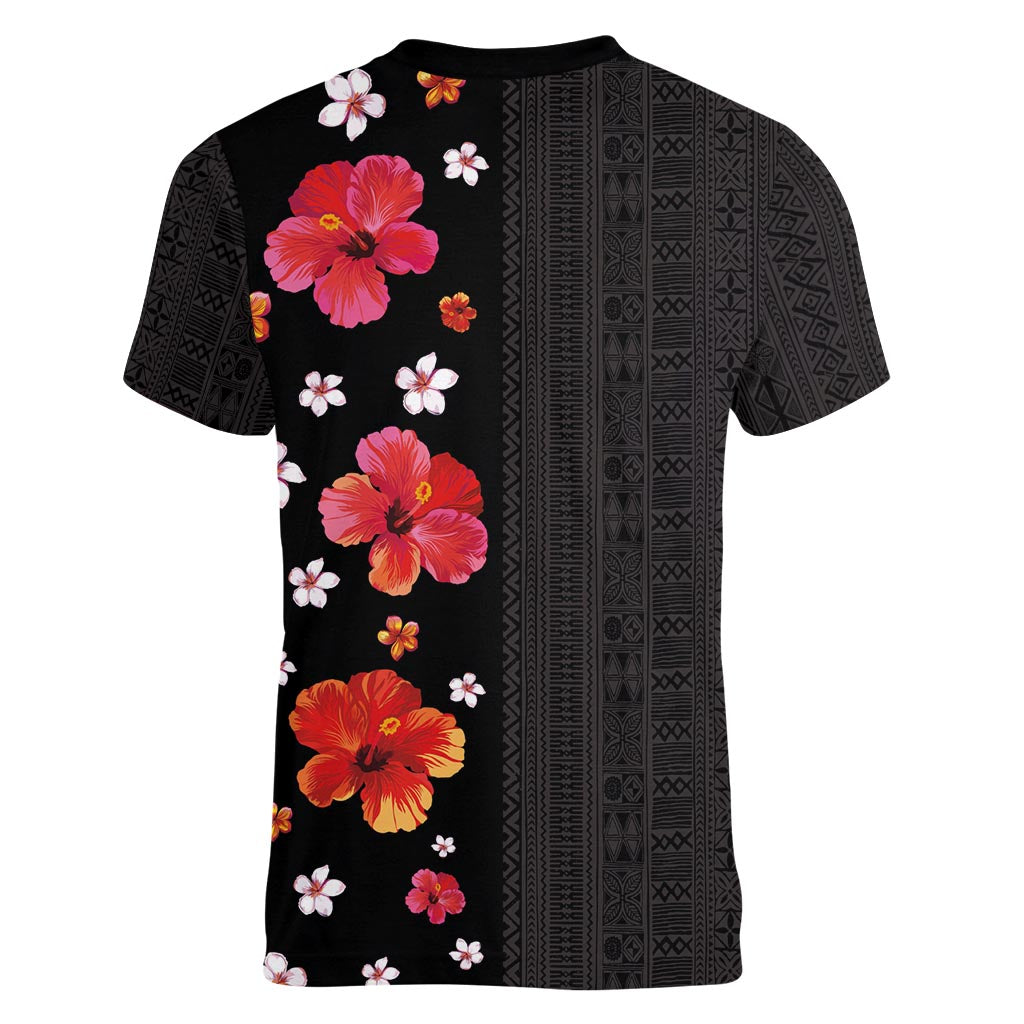 Hawaii Hibiscus and Plumeria Flowers Women V-Neck T-Shirt Tapa Tribal Pattern Half Style Colorful Mode