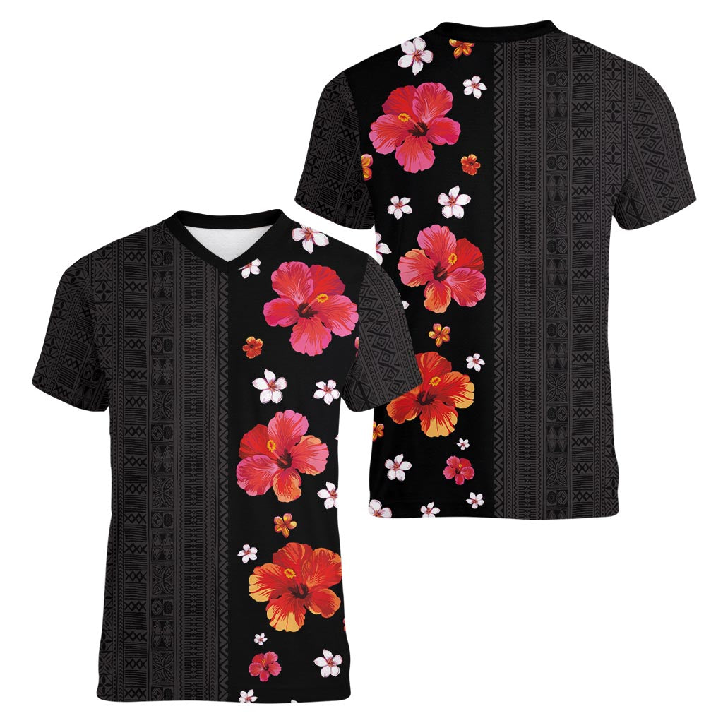 Hawaii Hibiscus and Plumeria Flowers Women V-Neck T-Shirt Tapa Tribal Pattern Half Style Colorful Mode