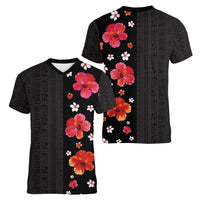 Hawaii Hibiscus and Plumeria Flowers Women V-Neck T-Shirt Tapa Tribal Pattern Half Style Colorful Mode