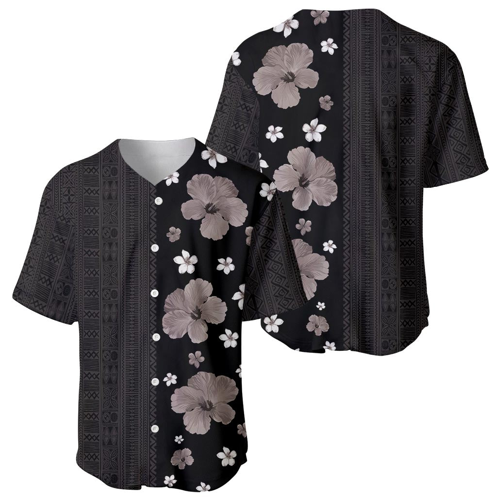 Hawaii Hibiscus and Plumeria Flowers Baseball Jersey Tapa Tribal Pattern Half Style Grayscale Mode