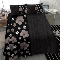 Hawaii Hibiscus and Plumeria Flowers Bedding Set Tapa Tribal Pattern Half Style Grayscale Mode