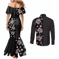 Hawaii Hibiscus and Plumeria Flowers Couples Matching Mermaid Dress and Long Sleeve Button Shirt Tapa Tribal Pattern Half Style Grayscale Mode