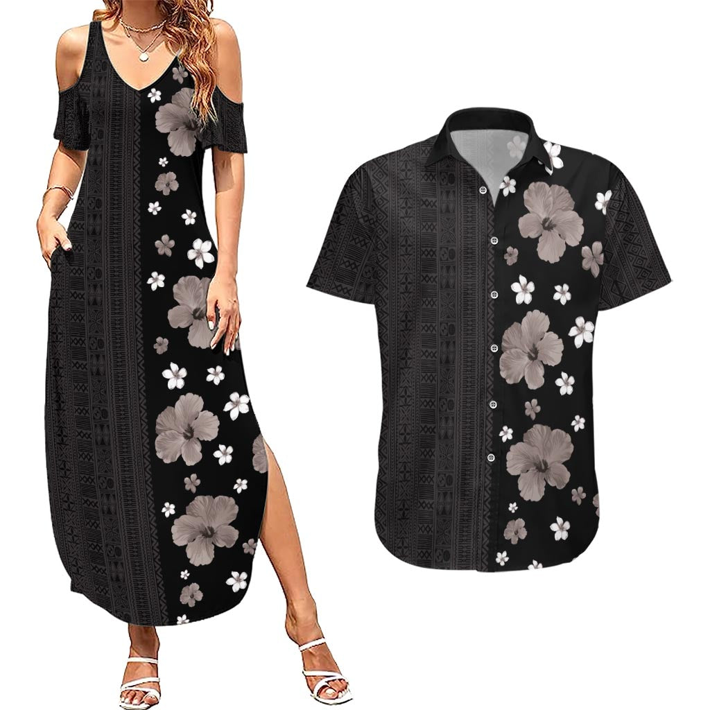 Hawaii Hibiscus and Plumeria Flowers Couples Matching Summer Maxi Dress and Hawaiian Shirt Tapa Tribal Pattern Half Style Grayscale Mode