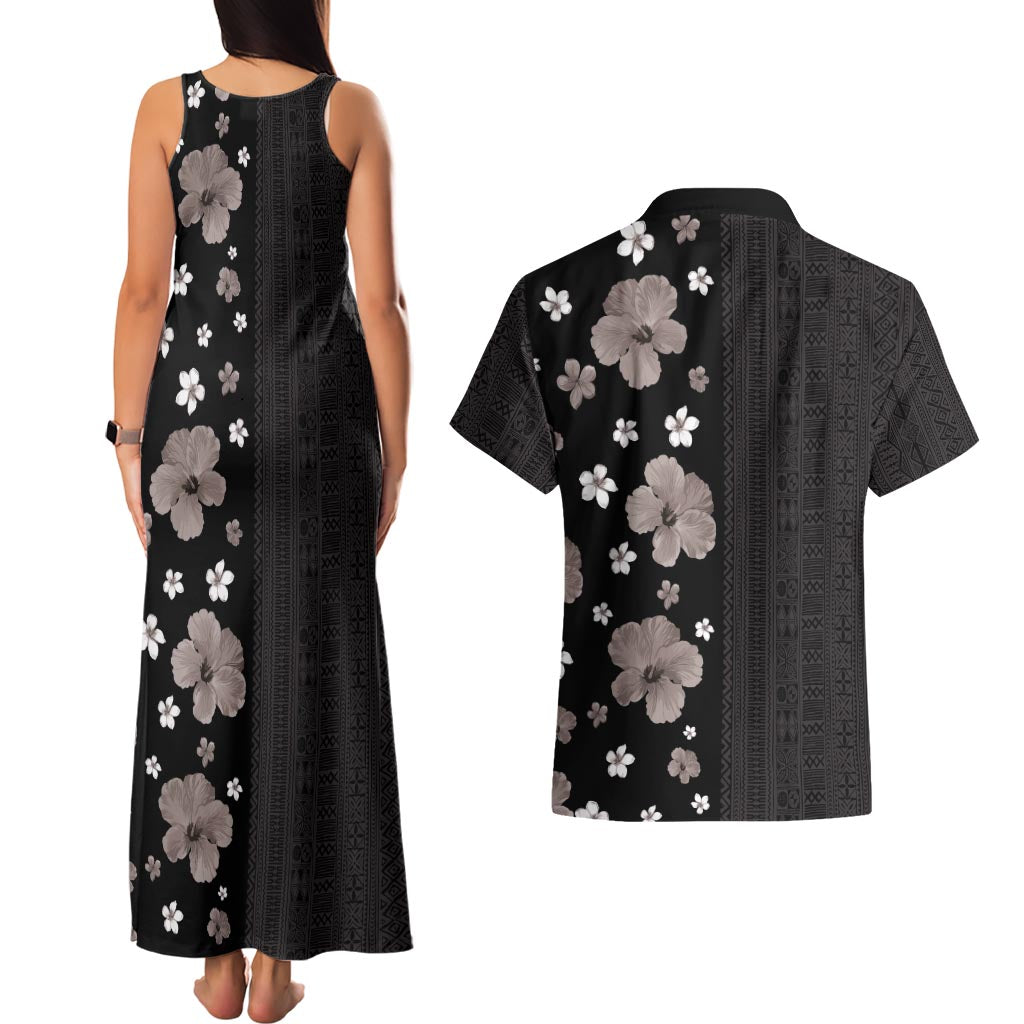 Hawaii Hibiscus and Plumeria Flowers Couples Matching Tank Maxi Dress and Hawaiian Shirt Tapa Tribal Pattern Half Style Grayscale Mode
