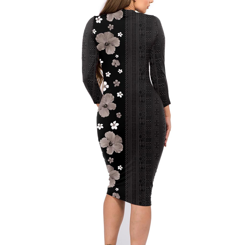 Hawaii Hibiscus and Plumeria Flowers Family Matching Long Sleeve Bodycon Dress and Hawaiian Shirt Tapa Tribal Pattern Half Style Grayscale Mode LT03 - Polynesian Pride