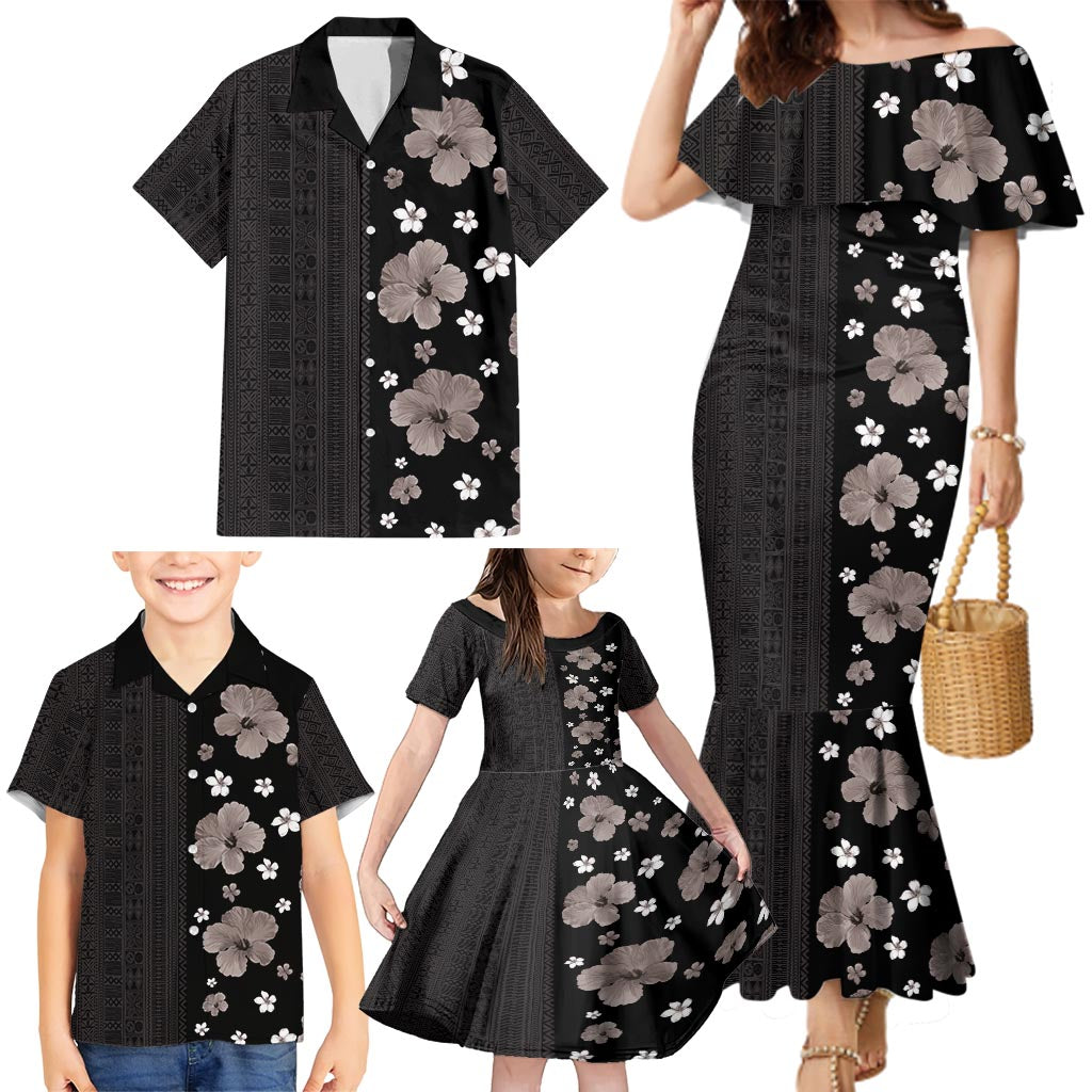 Hawaii Hibiscus and Plumeria Flowers Family Matching Mermaid Dress and Hawaiian Shirt Tapa Tribal Pattern Half Style Grayscale Mode