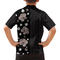 Hawaii Hibiscus and Plumeria Flowers Family Matching Off The Shoulder Long Sleeve Dress and Hawaiian Shirt Tapa Tribal Pattern Half Style Grayscale Mode LT03 - Polynesian Pride