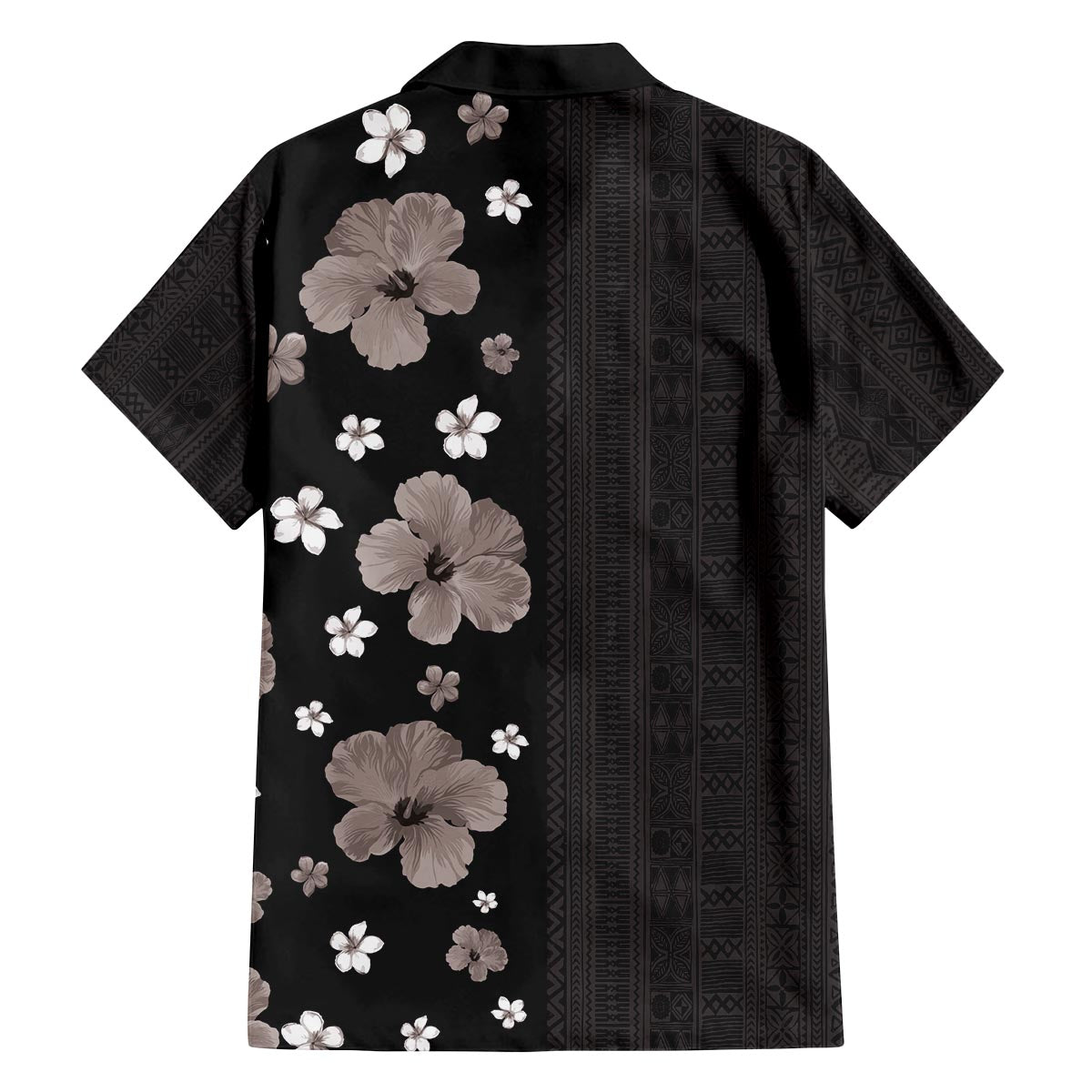 Hawaii Hibiscus and Plumeria Flowers Family Matching Off The Shoulder Long Sleeve Dress and Hawaiian Shirt Tapa Tribal Pattern Half Style Grayscale Mode LT03 - Polynesian Pride