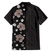 Hawaii Hibiscus and Plumeria Flowers Family Matching Off The Shoulder Long Sleeve Dress and Hawaiian Shirt Tapa Tribal Pattern Half Style Grayscale Mode LT03 - Polynesian Pride