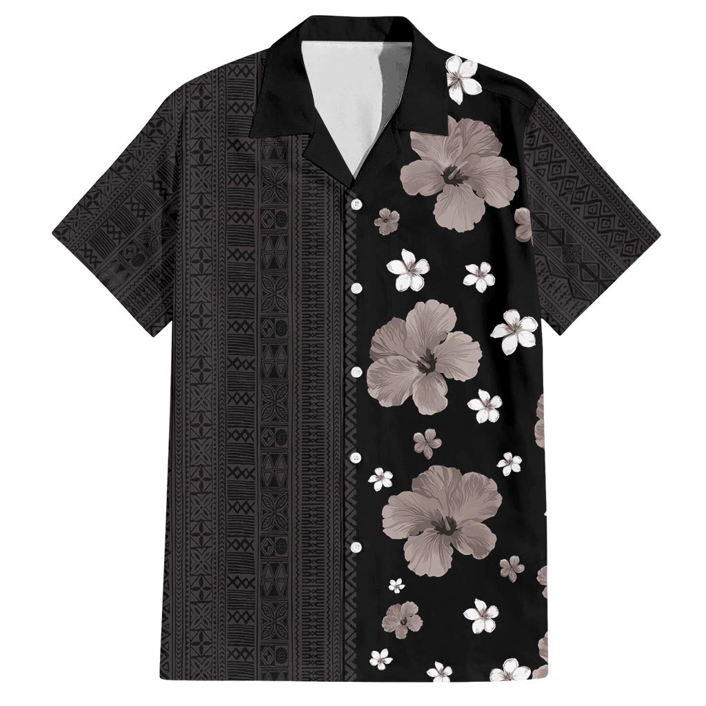 Hawaii Hibiscus and Plumeria Flowers Family Matching Off Shoulder Maxi Dress and Hawaiian Shirt Tapa Tribal Pattern Half Style Grayscale Mode