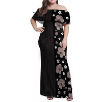 Hawaii Hibiscus and Plumeria Flowers Family Matching Off Shoulder Maxi Dress and Hawaiian Shirt Tapa Tribal Pattern Half Style Grayscale Mode