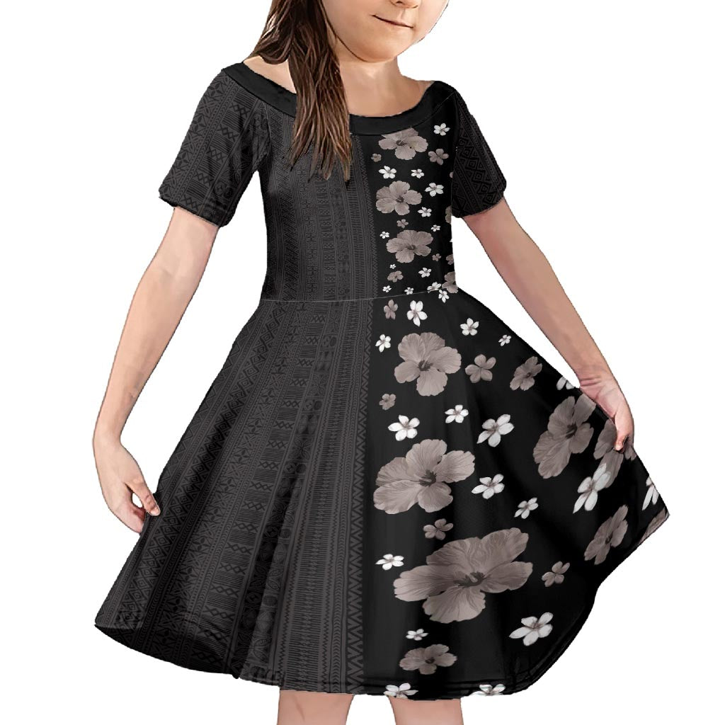 Hawaii Hibiscus and Plumeria Flowers Family Matching Summer Maxi Dress and Hawaiian Shirt Tapa Tribal Pattern Half Style Grayscale Mode LT03 Daughter's Dress Black - Polynesian Pride