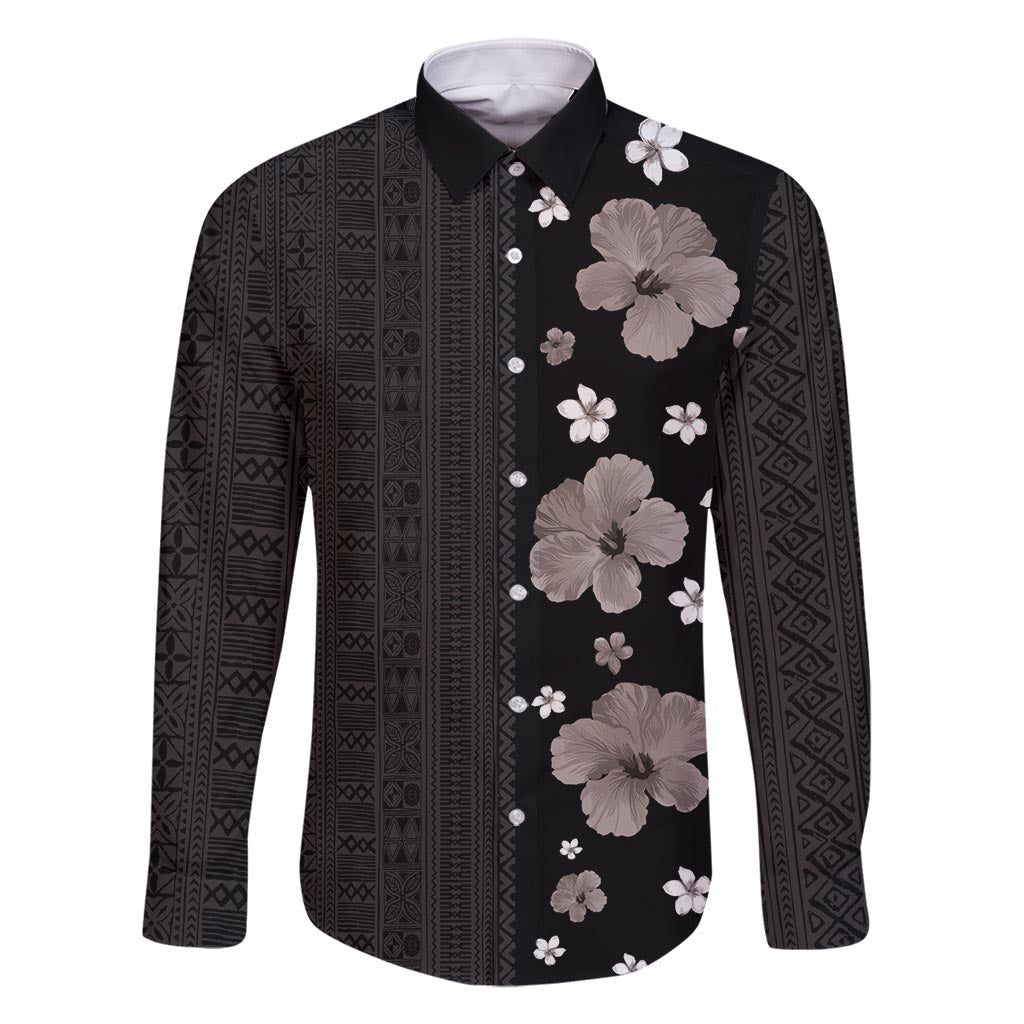 Hawaii Hibiscus and Plumeria Flowers Family Matching Summer Maxi Dress and Hawaiian Shirt Tapa Tribal Pattern Half Style Grayscale Mode LT03 Dad's Shirt - Long Sleeve Black - Polynesian Pride