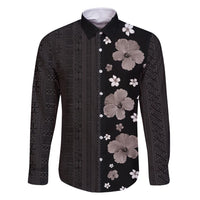 Hawaii Hibiscus and Plumeria Flowers Family Matching Summer Maxi Dress and Hawaiian Shirt Tapa Tribal Pattern Half Style Grayscale Mode LT03 Dad's Shirt - Long Sleeve Black - Polynesian Pride