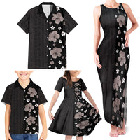 Hawaii Hibiscus and Plumeria Flowers Family Matching Tank Maxi Dress and Hawaiian Shirt Tapa Tribal Pattern Half Style Grayscale Mode LT03 - Polynesian Pride