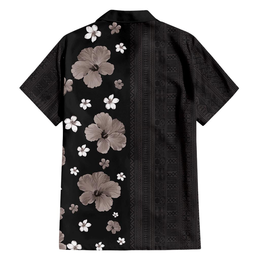 Hawaii Hibiscus and Plumeria Flowers Hawaiian Shirt Tapa Tribal Pattern Half Style Grayscale Mode