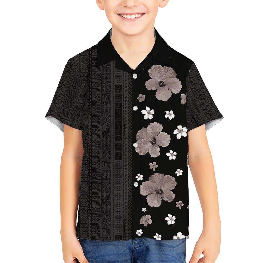 Hawaii Hibiscus and Plumeria Flowers Kid Hawaiian Shirt Tapa Tribal Pattern Half Style Grayscale Mode