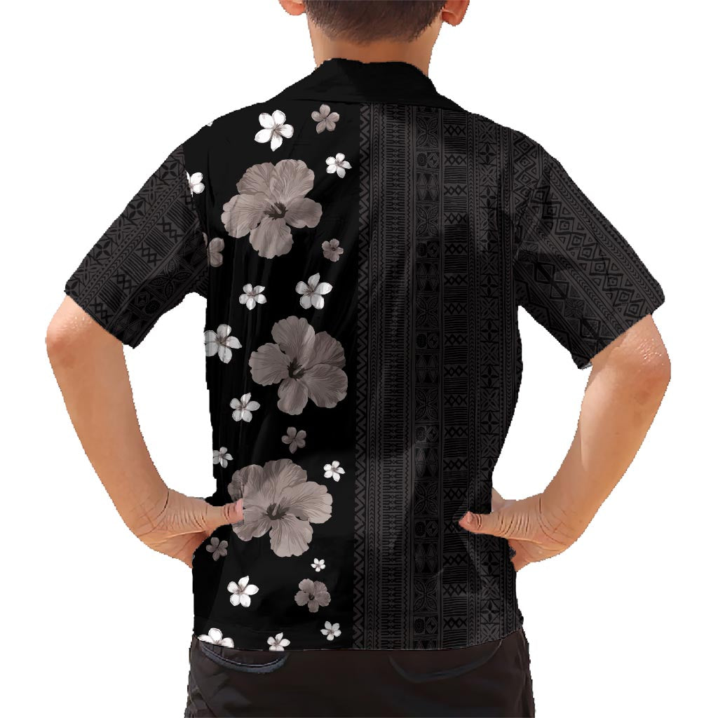 Hawaii Hibiscus and Plumeria Flowers Kid Hawaiian Shirt Tapa Tribal Pattern Half Style Grayscale Mode