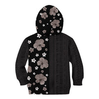 Hawaii Hibiscus and Plumeria Flowers Kid Hoodie Tapa Tribal Pattern Half Style Grayscale Mode