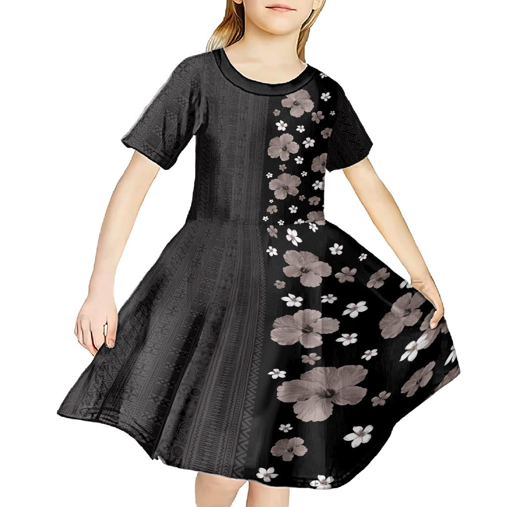 Hawaii Hibiscus and Plumeria Flowers Kid Short Sleeve Dress Tapa Tribal Pattern Half Style Grayscale Mode