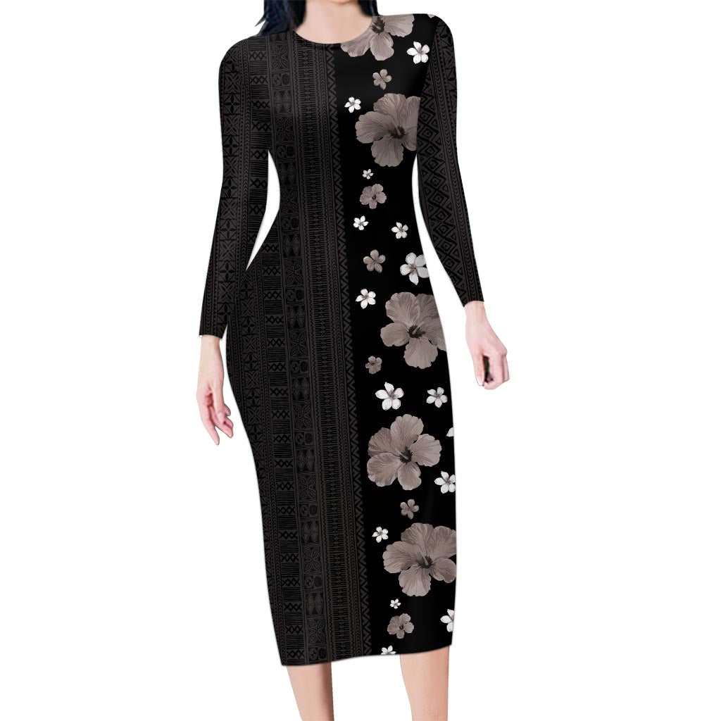 Hawaii Hibiscus and Plumeria Flowers Long Sleeve Bodycon Dress Tapa Tribal Pattern Half Style Grayscale Mode