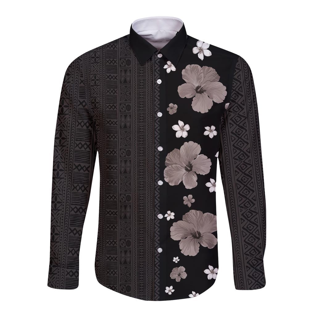 Hawaii Hibiscus and Plumeria Flowers Long Sleeve Button Shirt Tapa Tribal Pattern Half Style Grayscale Mode LT03 Unisex Black - Polynesian Pride