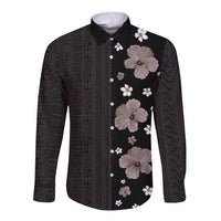 Hawaii Hibiscus and Plumeria Flowers Long Sleeve Button Shirt Tapa Tribal Pattern Half Style Grayscale Mode LT03 Unisex Black - Polynesian Pride