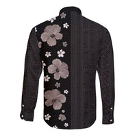 Hawaii Hibiscus and Plumeria Flowers Long Sleeve Button Shirt Tapa Tribal Pattern Half Style Grayscale Mode LT03 - Polynesian Pride