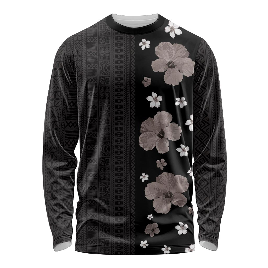 Hawaii Hibiscus and Plumeria Flowers Long Sleeve Shirt Tapa Tribal Pattern Half Style Grayscale Mode LT03 Unisex Black - Polynesian Pride