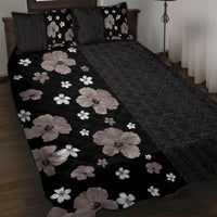 Hawaii Hibiscus and Plumeria Flowers Quilt Bed Set Tapa Tribal Pattern Half Style Grayscale Mode LT03 Black - Polynesian Pride
