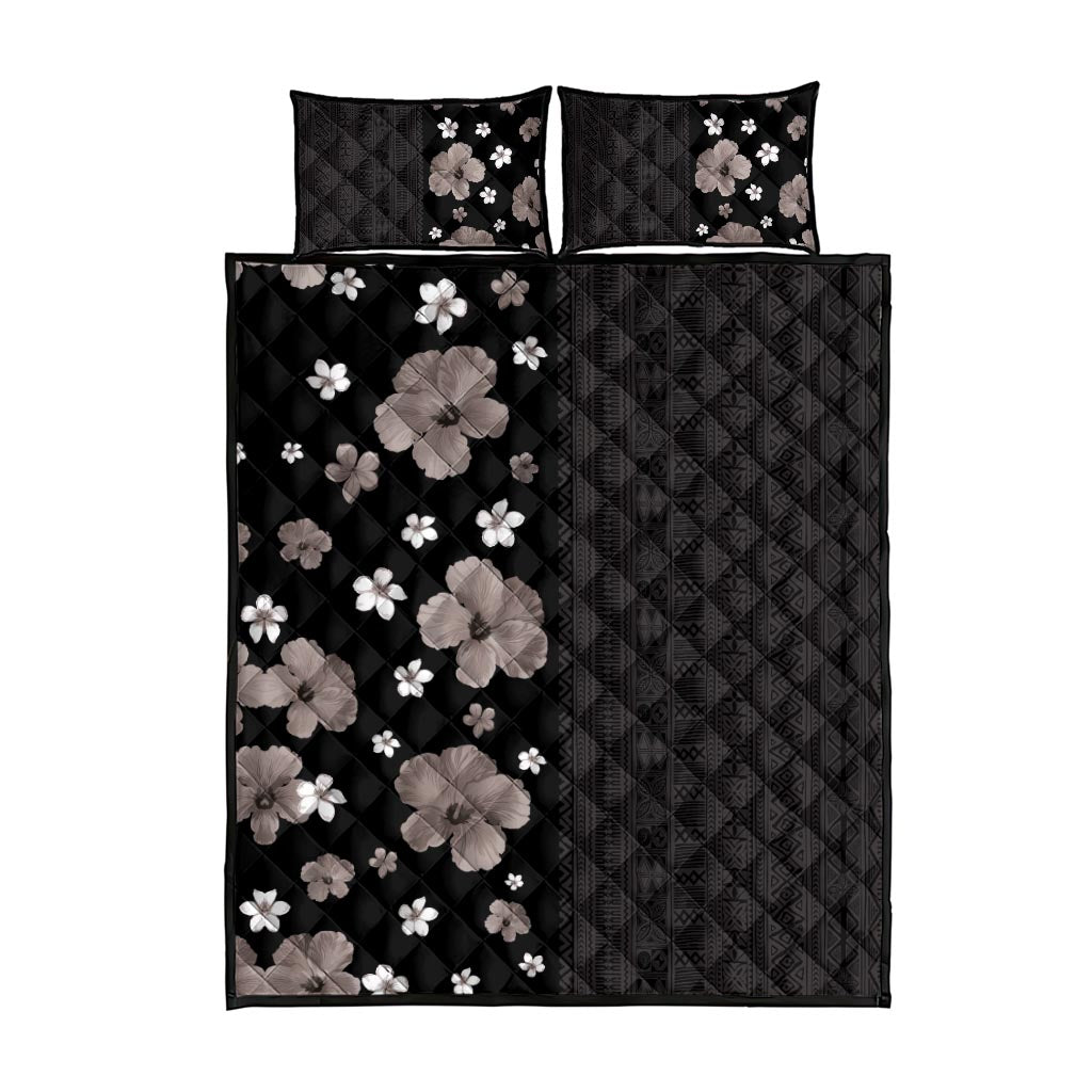 Hawaii Hibiscus and Plumeria Flowers Quilt Bed Set Tapa Tribal Pattern Half Style Grayscale Mode LT03 - Polynesian Pride