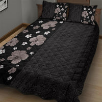 Hawaii Hibiscus and Plumeria Flowers Quilt Bed Set Tapa Tribal Pattern Half Style Grayscale Mode LT03 - Polynesian Pride