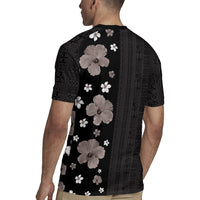 Hawaii Hibiscus and Plumeria Flowers Rugby Jersey Tapa Tribal Pattern Half Style Grayscale Mode
