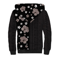 Hawaii Hibiscus and Plumeria Flowers Sherpa Hoodie Tapa Tribal Pattern Half Style Grayscale Mode