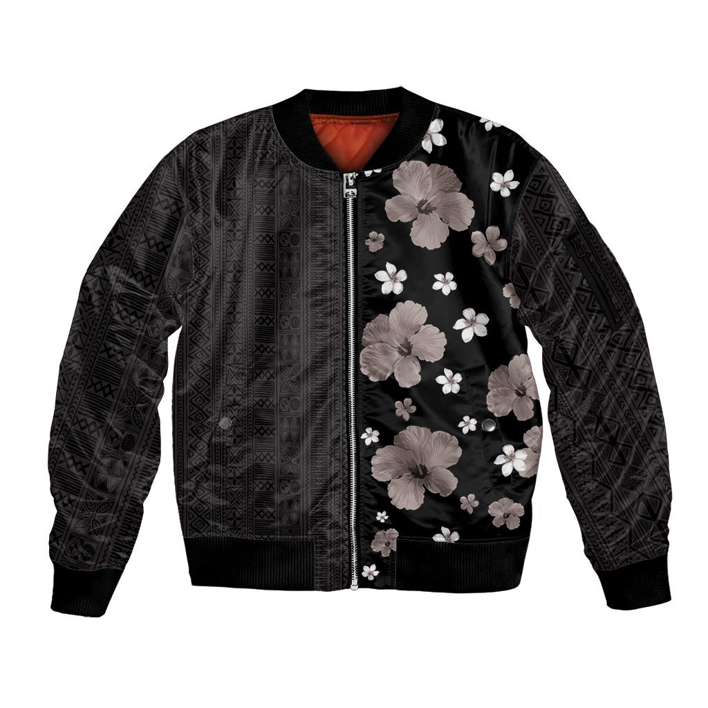 Hawaii Hibiscus and Plumeria Flowers Sleeve Zip Bomber Jacket Tapa Tribal Pattern Half Style Grayscale Mode LT03 Unisex Black - Polynesian Pride