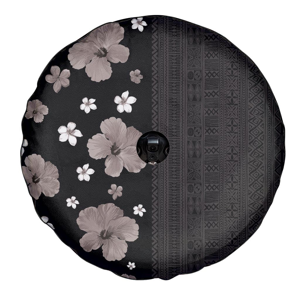 Hawaii Hibiscus and Plumeria Flowers Spare Tire Cover Tapa Tribal Pattern Half Style Grayscale Mode