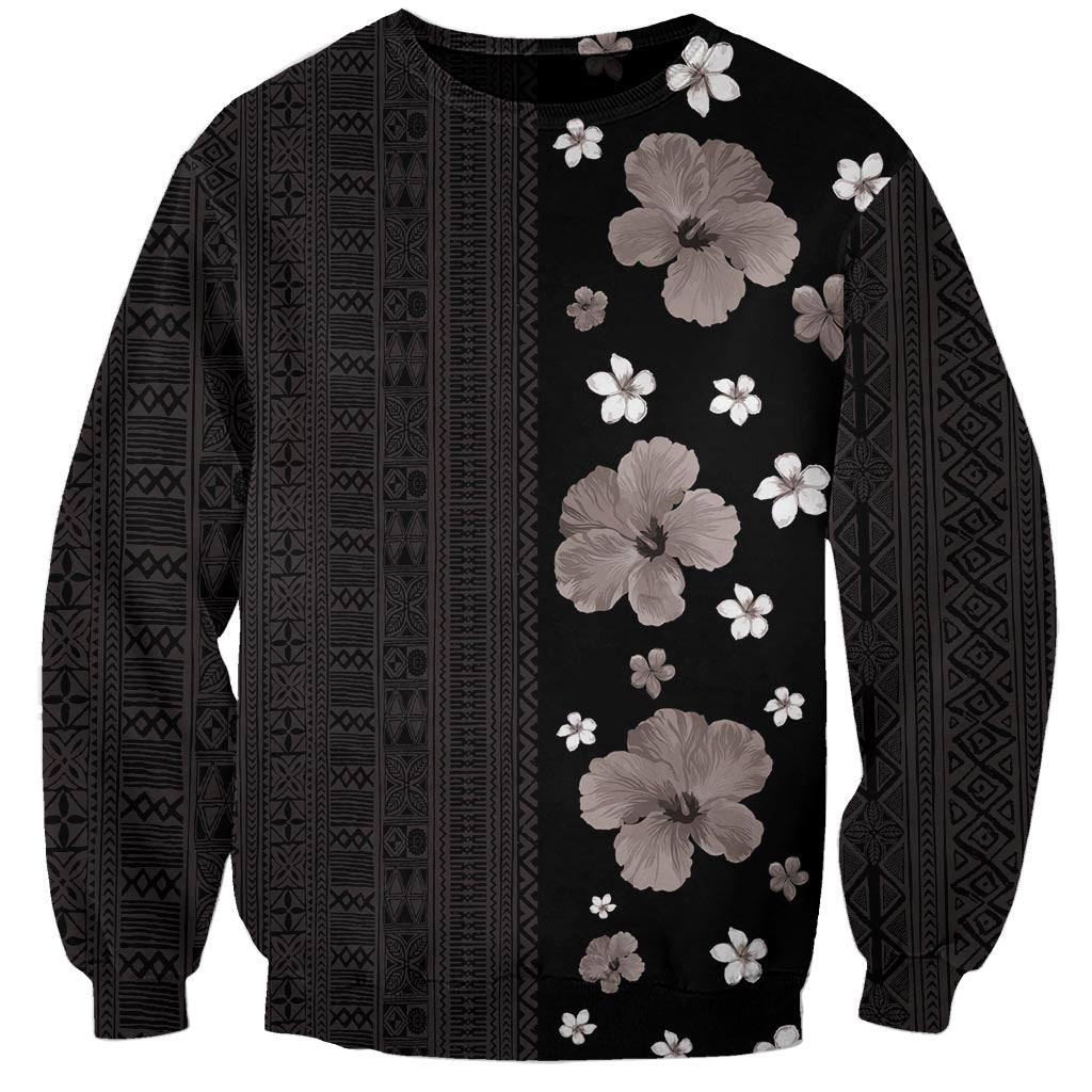 Hawaii Hibiscus and Plumeria Flowers Sweatshirt Tapa Tribal Pattern Half Style Grayscale Mode