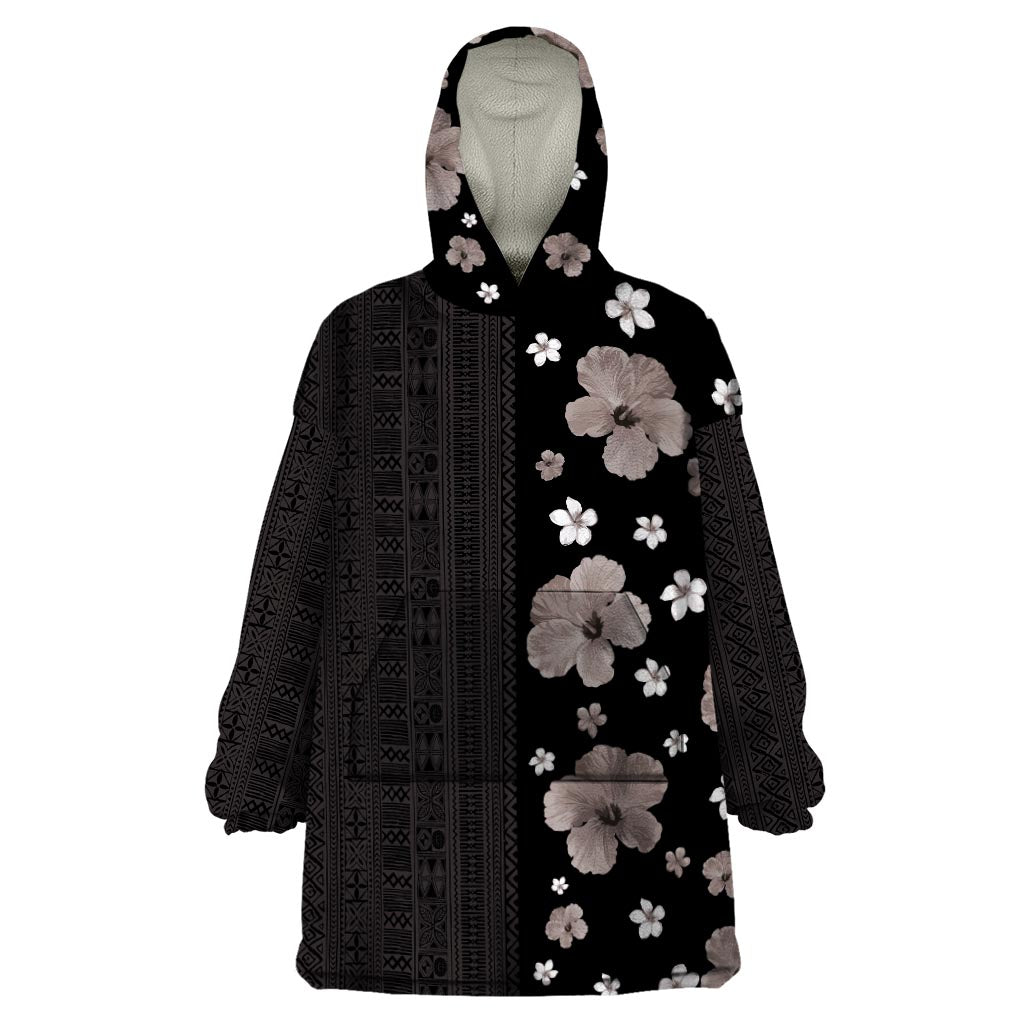 Hawaii Hibiscus and Plumeria Flowers Wearable Blanket Hoodie Tapa Tribal Pattern Half Style Grayscale Mode LT03 One Size Black - Polynesian Pride