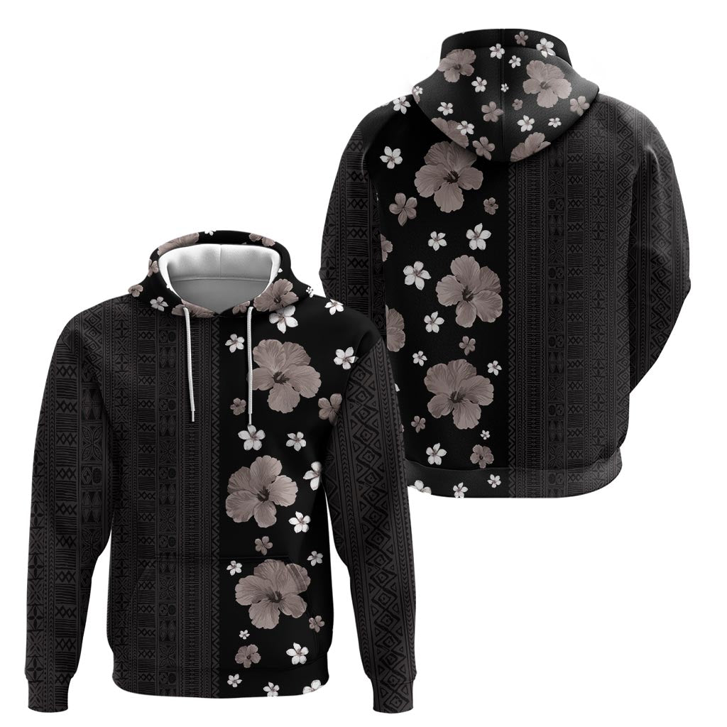 Hawaii Hibiscus and Plumeria Flowers Zip Hoodie Tapa Tribal Pattern Half Style Grayscale Mode
