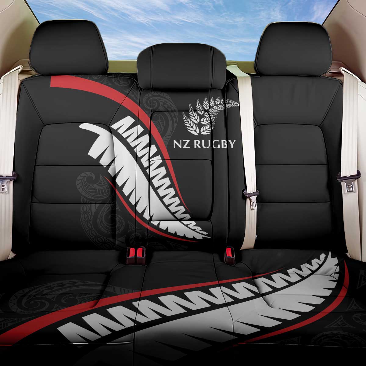 New Zealand Rugby Back Car Seat Cover Sporty Silver Fern Shape with Maori Tattoos - Polynesian Pride