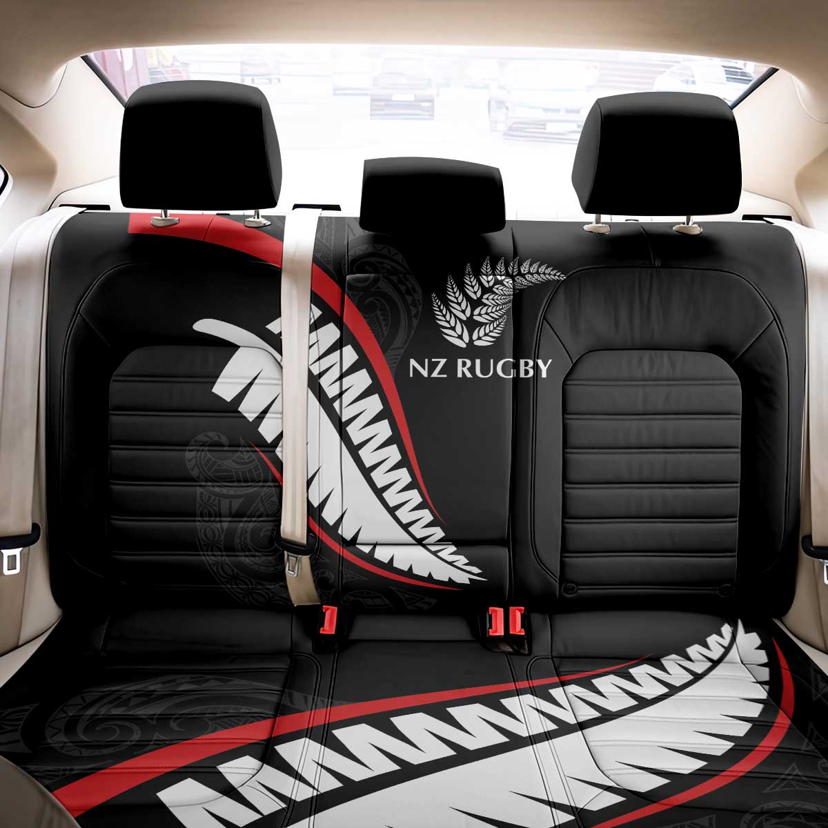 New Zealand Rugby Back Car Seat Cover Sporty Silver Fern Shape with Maori Tattoos - Polynesian Pride