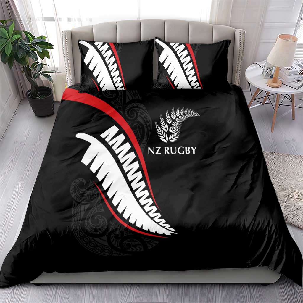 New Zealand Rugby Bedding Set Sporty Silver Fern Shape with Maori Tattoos - Polynesian Pride