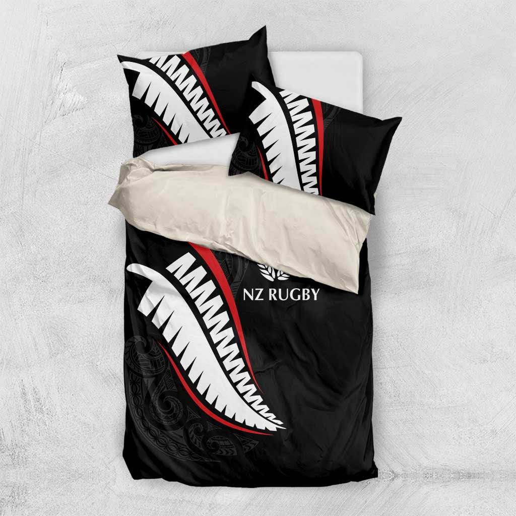 New Zealand Rugby Bedding Set Sporty Silver Fern Shape with Maori Tattoos - Polynesian Pride