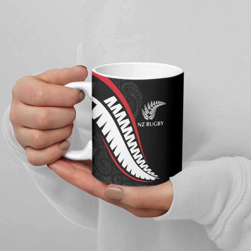 New Zealand Rugby Custom Ceramic Mug Sporty Silver Fern Shape with Maori Tattoos - Polynesian Pride