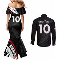 New Zealand Rugby Custom Couples Matching Mermaid Dress and Long Sleeve Button Shirt Sporty Silver Fern Shape with Maori Tattoos - Polynesian Pride