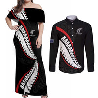 New Zealand Rugby Custom Couples Matching Off Shoulder Maxi Dress and Long Sleeve Button Shirt Sporty Silver Fern Shape with Maori Tattoos - Polynesian Pride